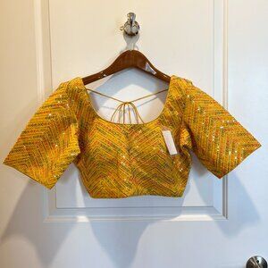 NWT Yellow Embroidered Short-Sleeve Choli Blouse for Lehenga or Saree